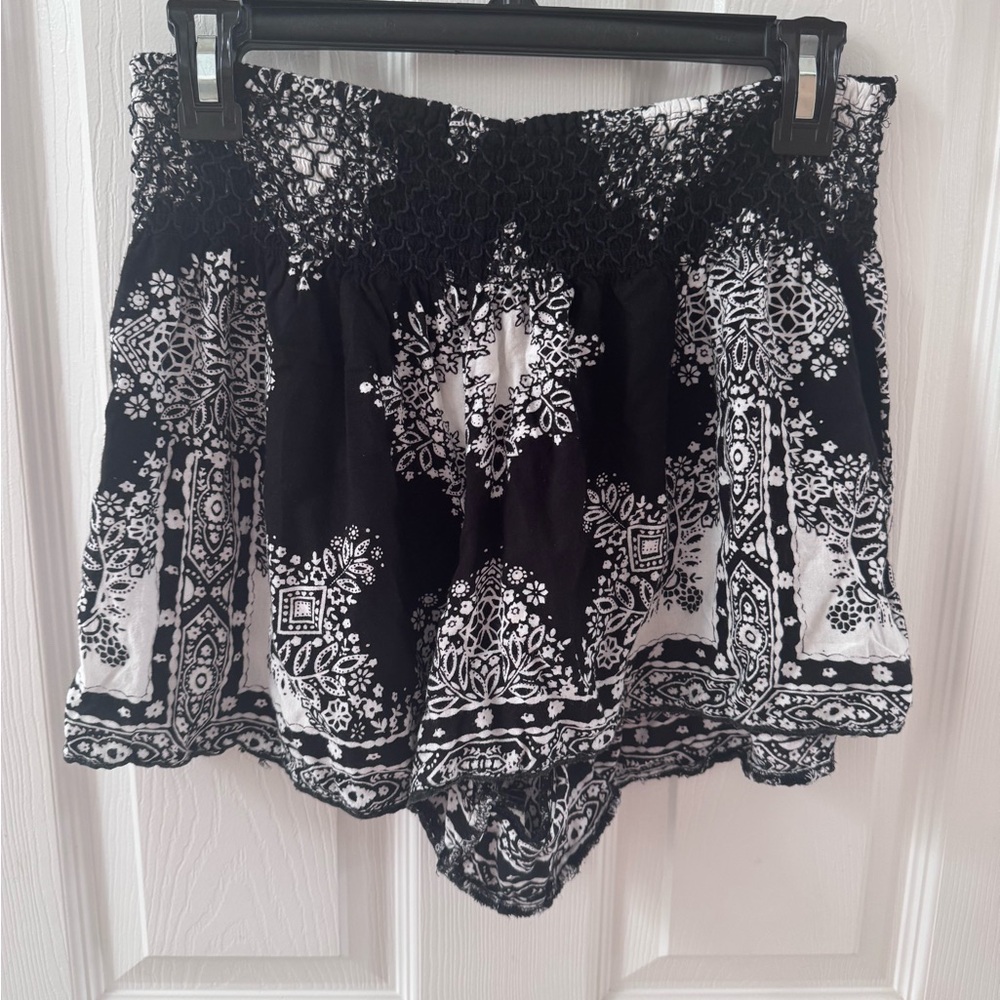 Angie Black and White Printed Smocked Waist Shorts